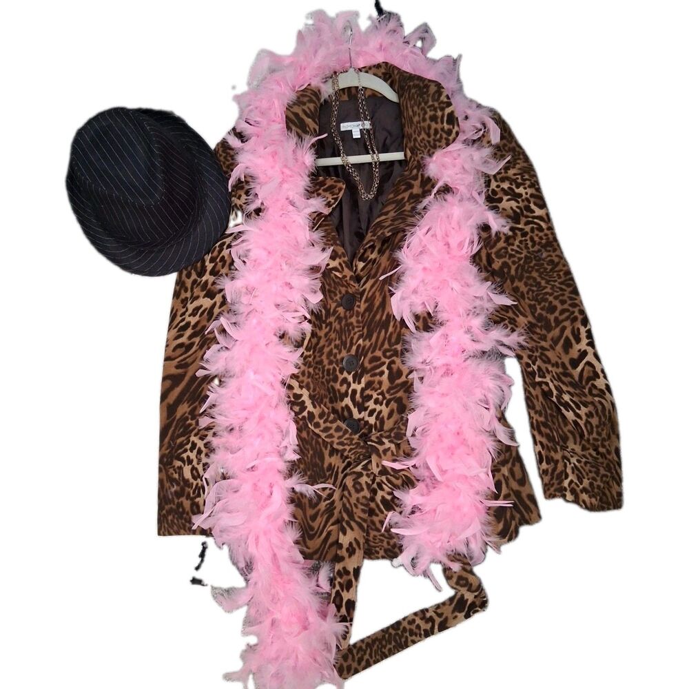 Homemade Leopard Print Pimp Costume Women’s 2X Jacket Pink Boa Hat Halloween 70s